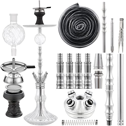 LUNA BIGIMA Shisha Set Komplett 18/8er Schliff Anschlüsse Closed Chamber System | Zubehör inkl. Schlauch - Mundstück - Zange - Steinkopf - Kaminaufsatz - Molassefänger - Knickschutz (Silber)