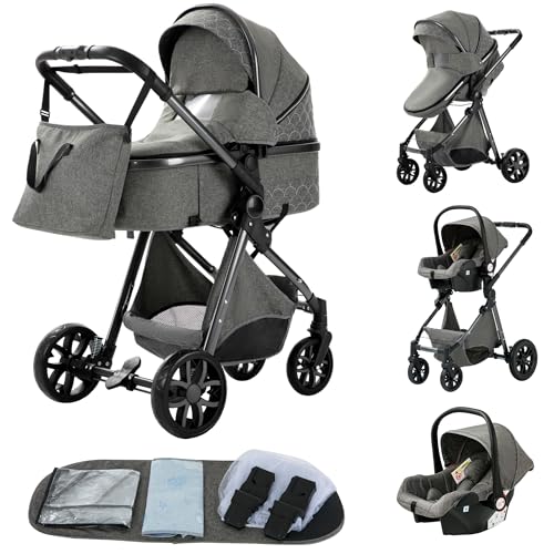 GLOKID Kinderwagen 3 in 1,Reisesysteme, Babywanne,Buggy&Sportsitz,Tragbarer,Voll-Gummireifen,Mit Einem Klick Zusammenklappbarer,Zubehör (LV9 Dunkelgrau)
