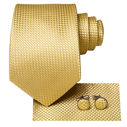 Hi-Tie Herren Krawatte Gold Set Gewebte Seide Einstecktuch Manschettenknöpfe Karierte Krawatten für Hochzeit Business Formal