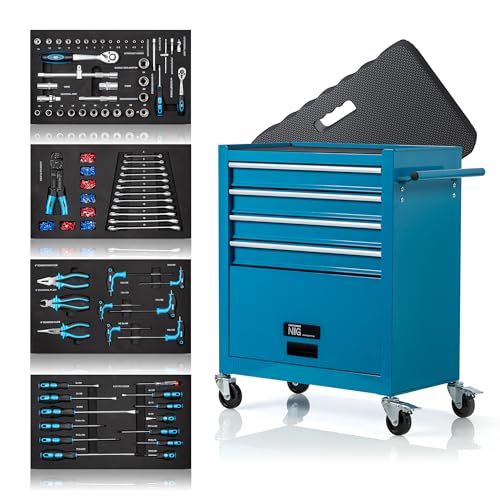 NTG Werkstattwagen gefüllt inkl. Werkzeug 70 Teile - 4 Schubladen + großes Fach + Kniekissen - Kugelgelagerte Schubladen - 2 Rollen m. Feststellbremse - Werkzeugwagen - PERFEKTE WERKSTATTORGANISATION