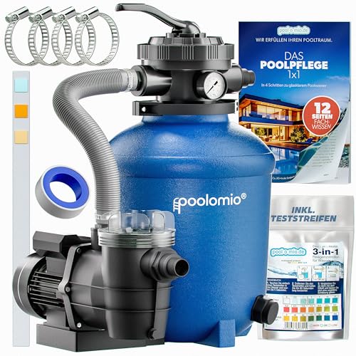 poolomio® Sandfilteranlage Pool bis 35.000l mit Vorfilter | HDPE-Sandfilterkessel Ø 330 mm & selbstsaugende Filterpumpe 10m³/h | Sandpumpenfilter mit 5-Wege-Top-Ventil 1 1/2