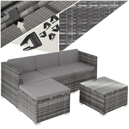 tectake® Poly Rattan Lounge, Outdoor Sitzgruppe, Set mit Sofa Sessel, Hocker, Tisch, frei kombinierbar, Sitzecke für 3-4 Personen, Möbel wetterfest für Garten Terrasse Balkon - grau