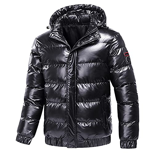 Kswlwccpp Puffer Jacke Herren, Langarm mit Kapuze Atmungsaktiv Jacke Daunenjacken Ultraleicht Metall Einfarbig Glänzend Winterjacke Steppjacke Schwarz Warm Winter Jacket Puffer Jacke