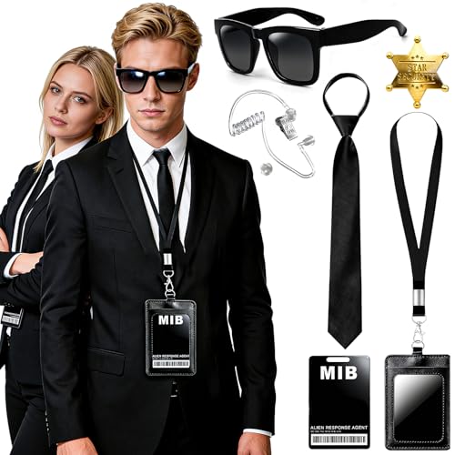 Men In Black Security Kostüm - Karneval Kostüm Agenten Herren Damen Kinder, Geheimagent Kostüm Bodyguard, Faschingskostüme Zubehör mit Sonnenbrille Zip Krawatte Hörer Ausweis Kartenhalter Sternbrosche