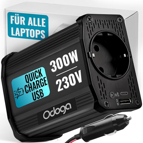Odoga Wechselrichter 12V auf 230V – 300 W Spannungswandler, Stromwandler mit 3A USB-C und USB-A Anschluss, Inverter 12V 220V, Auto Steckdose, Laden Sie Ihr Laptop, iPad, iPhone, Tablet Und Mehr