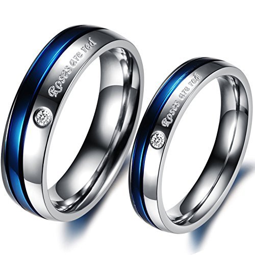 JewelryWe Schmuck 1 Paar Edelstahl Roses Are red Partnerringe Freundschaftsringe Eheringe Trauringe Verlobung Ringe Band, Blau Silber