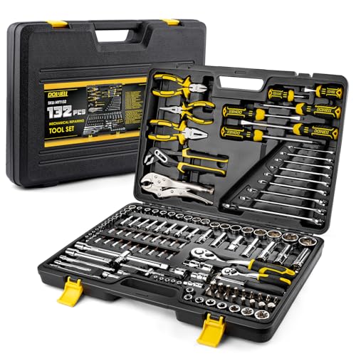 DOWELL Werkzeugsatz 132 Stück, Professional Auto Mechanics Hand Tool Kit, All-in-One für Auto-, Motorrad-, Motor- und Garagereparaturen mit Steckdosen