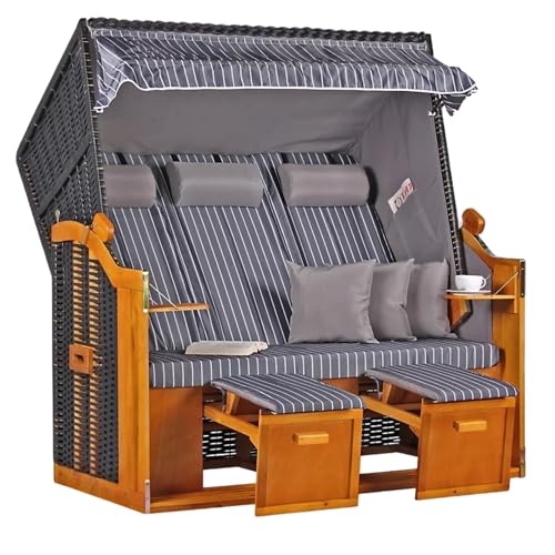 MR. DEKO Strandkorb Ostsee XXL Volllieger | PE Geflecht Schwarz inkl. 6 Kissen | Dessin Royal Anthrazit | Strandstuhl Liegestuhl DreisitzerStrandkörbe aus Hartholz | Garten, Wintergarten und Terrasse