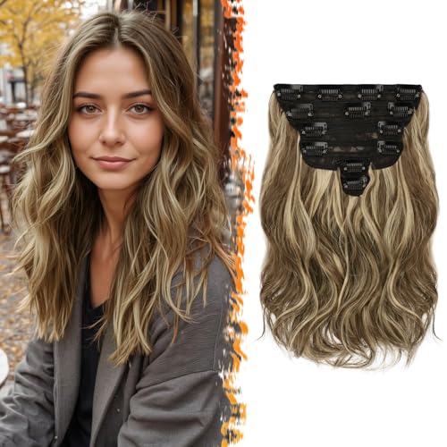 BARSDAR Clip in Haarverlängerung, 30cm Kurzes Welliges Hair Extensions Highlight Für Damen 6PCs Voller Kopf Dickes Synthetisches Clip in Haarteil - Mittel Braun & Blond