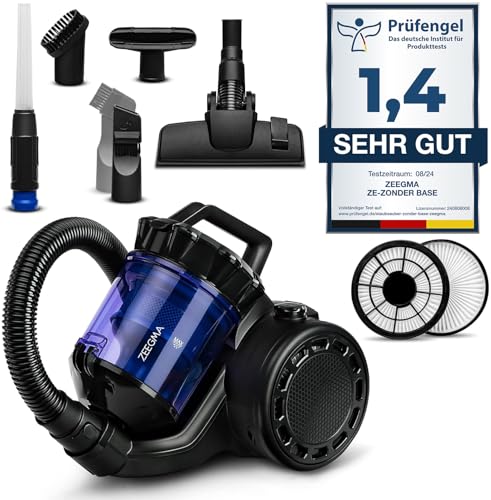 Zeegma Zonder Base Staubsauger beutellos Zyklon Staubsauger, hohe Saugleistung, 2 HEPA H13 und waschbare Filter Allergikerfreundlich Staubbehälter, 2,5 Liter