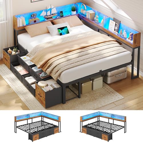 Bett 140x200 mit Stauraum Schlafsofa mit Integriertem Bücherregal & 6 Schubladen,Jugendbett mit LED-Beleuchtung & Ladestation Gästebett Tagesbett Bettgestell mit Lattenrost (Vintage Braun, 140x200cm)