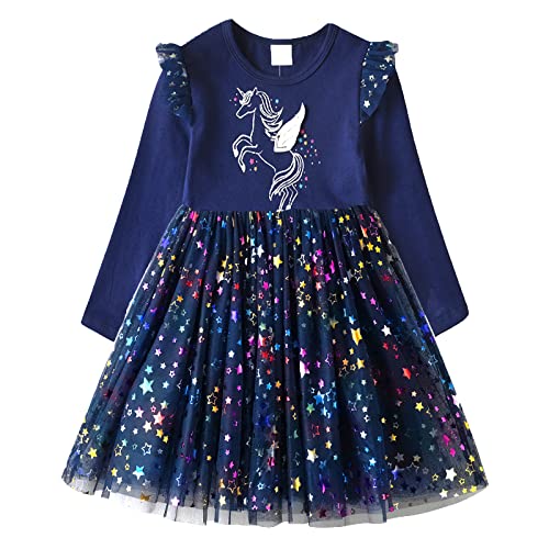 DXTON Mädchen Einhorn Kleider Prinzessin Kleid Party Geburtstag Ferien Baby Kleid BlauLh4792 6T