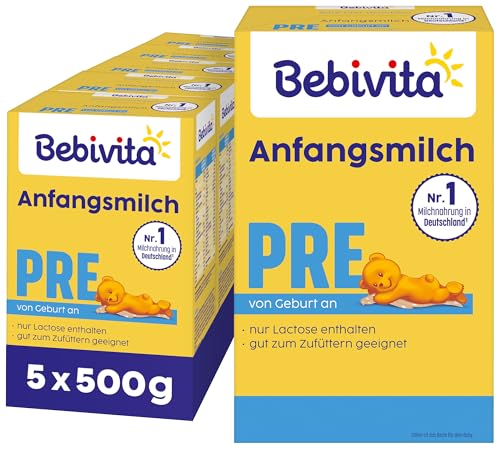 Bebivita PRE Anfangsmilch (5 x 500g), von Geburt an, enthält nur Lactose als Kohlenhydrat, gut zum Zufüttern