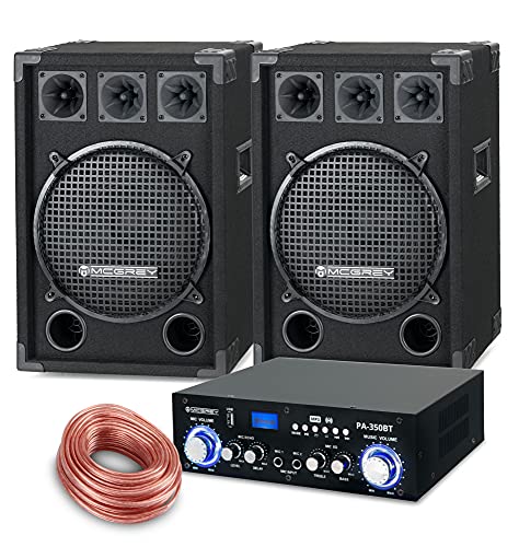 McGrey PA Komplettset DJ Anlage PowerDJ-2000 (System mit Partyboxen, Lautsprecher, 2 x 600 Watt, Bluetooth-Endstufe, Verstärker, Lautsprecherkabel)