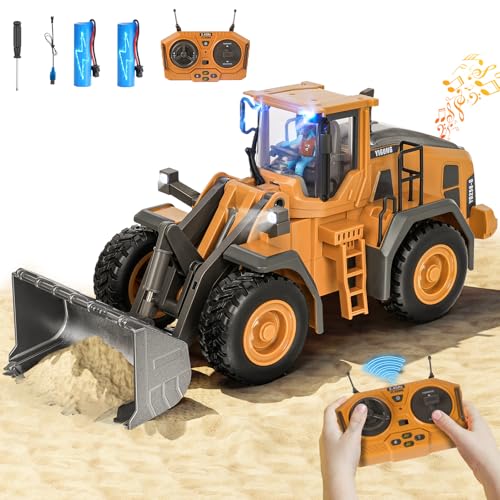 Ferngesteuerter Bagger Spielzeug Radlader Bulldozer mit Licht&Sound für Jungen 3-12 Jahre, 2,4GHz RC Bagger Bulldozer mit Metallschaufel, Baustellenfahrzeuge Kinder Geschenk für Geburtstag/Weihnachten