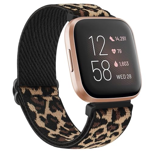 Tobfit Armband für Fitbit Versa Armband Damen Herren,Verstellbares Dehnbares Nylon Uhrenarmband Ersatzarmband für Fitbit Versa 2/Fitbit Versa/Versa Lite(Leopard)