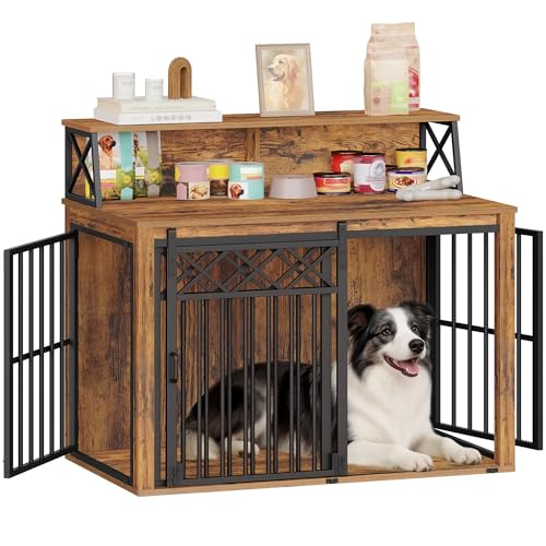 Hzuaneri Hundekäfig Möbel mit Lagerregal, Dreitürige Hundebox für Zuhause, Indoor Kennel mit Scheunentür, Beistelltisch, Geeignet für Mittlere/Große Hunde, 100 x 60 x 86 cm, Vintage Braun DFC87401B