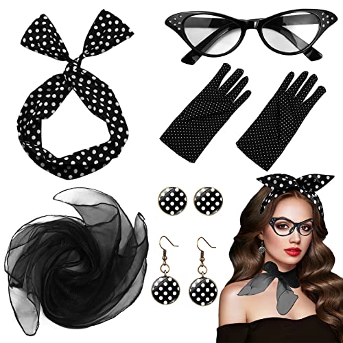 6 Stücke Rockabilly Accessoires Damen, 50er Jahre Kleider Damen Zubehör retro accessoires 50er kostüm 50er jahre damen set chiffon schal katzenauge brille Polka Dot Stirnband Ohrringe Handschuhe