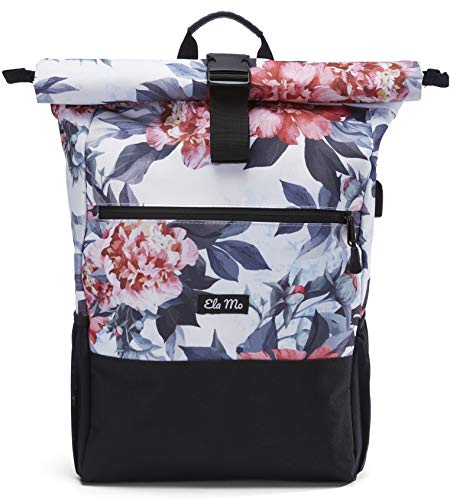 Ela Mo Rucksack Damen - Rolltop schön u. durchdacht - Laptop Rucksäcke für Frauen - Anti Diebstahl Tasche für Schule, Uni, Business (Bloom!)