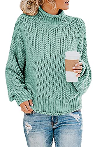 Imuedaen Pullover Damen Elegant Winter Rollkragenpullover Strickpullover Grobstrickpullover Casual Lose Langarm Pulli Oberteile (A Hellblau, L)