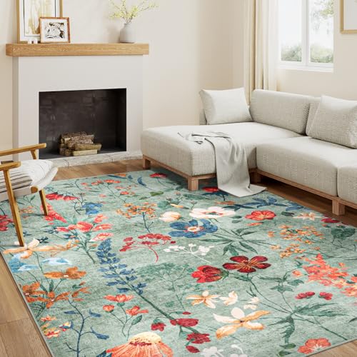 Grün Waschbarer Teppich Blumenmuster 160x230cm Blumen Boho Neutral Modern Rugs for Living Room Weich rutschfest Groß Tepich Kurzflor Schlafzimmer Carpet Esszimmer Bedroom Teppiche Büro