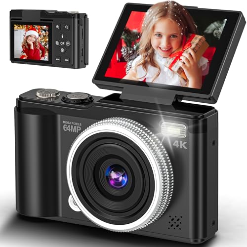 4K 64MP Digitalkamera mit 32 GB TF-Karte, 180° Drehbildschirm Autofokus Kamera Fotoapparat mit Makrofunktion und 16-fachem Digitalzoom Kompaktkamera mit USB-Kabel für Teenager Junge Mädchen 8-16 Jahre