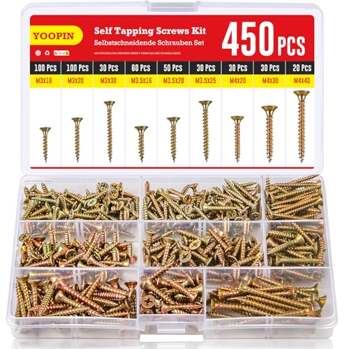 YOOPIN Schrauben Set, 450 Stück Holzschrauben Set, M3 M3.5 M4 Schrauben Sortiment, Farbe Zink Selbstschneidende Schrauben, Phillips Senkkopf Holzschrauben Sortiment, Schrauben für Holz und DIY-Projekt