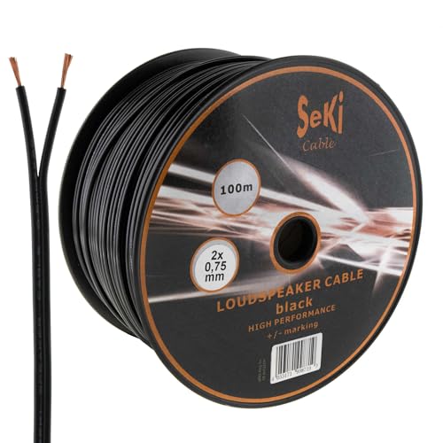 SeKi Lautsprecherkabel Schwarz 2x 0,75mm² – 100 Meter Spule | CCA-Kupfer Boxenkabel für klaren Sound bei HiFi, Heimkino und Car-HiFi mit Polaritätskennzeichnung