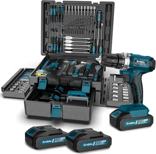Werkzeugkoffer 255 tlg mit Akkuschrauber 21V - Sundpey Akkuschrauber Set mit 2 * 2000mAh Akku Werkzeugkoffer Gefüllt für Haus-/Autoreparaturen Werkzeugkasten Aufbewahrungskoffer mit Schublade