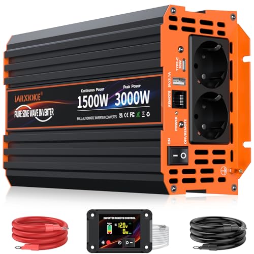 Wechselrichter 1500W Reiner Sinus Spannungswandler 12V auf 230V Power Inverter mit LCD Fernbedienung,USB Ports,Type-C Port,2 AC-Steckdosen für Solar,Fahrzeuge,Wohnmobil,Stromausfall,Reise