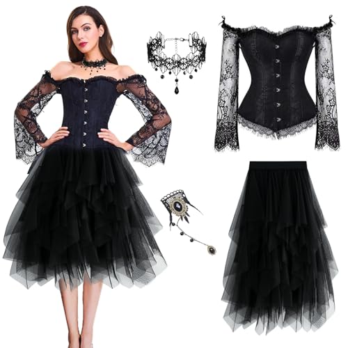YeahBoom Korsett Damen Set, Gothic Vintage Corset Top Pirat Kostüm mit Schulter Ärmel, Corsage Schwarz mit Tüll Rock,Gotisch Halskette Armbänder, Gothic Taille Korset, für Damen Karneval Cosplay