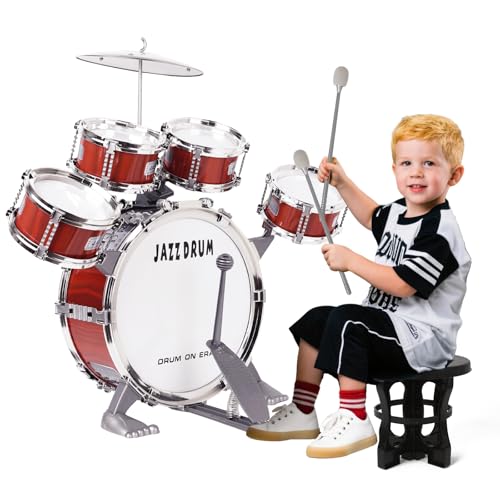 m zimoon Kinder Schlagzeug Schlagwerk Drumset, Jazztrommel Kleinkind Spielzeug 5 Trommeln mit Hocker Pedal Musikinstrument Urlaub Geburtstag Pädagogisches Geschenk für Jungen Mädchen Anfänger Set