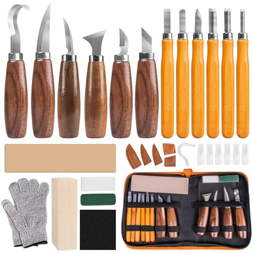 FANTICDE Holzschnitzwerkzeug Set,30-teiliges Schnitzmesser Set mit 12 Schneidmessern,Übungs Holz,Aufbewahrungsbox,Leder-Schleifband,Polierpaste und Schleifstein.für Anfänger,Erwachsene und Jugendliche