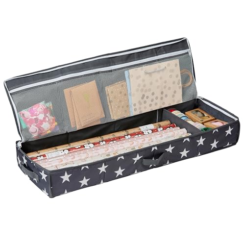 LOVE IT STORE IT Tasche für Geschenkpapier Aufbewahrung - Hochwertiger Geschenkpapier Organizer - Mit Fächern für Geschenkbänder - Grau mit Sternen - 90x30x12 cm