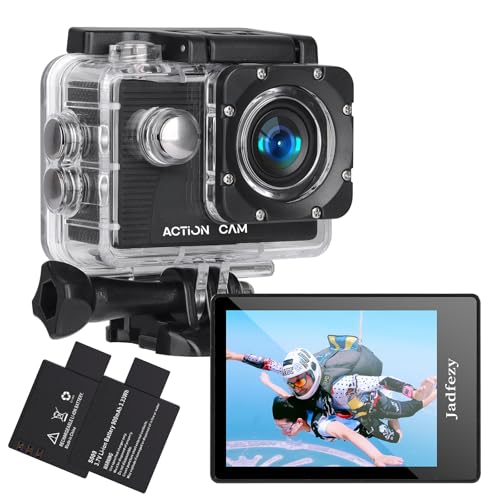 Jadfezy Action Cam FHD 1080P/12MP, Unterwasserkamera wasserdicht bis 30M, 140 Grad Weitwinkel Action Kamera mit Zwei 900 mAh wiederaufladbare Akkus und Zubehör-Set