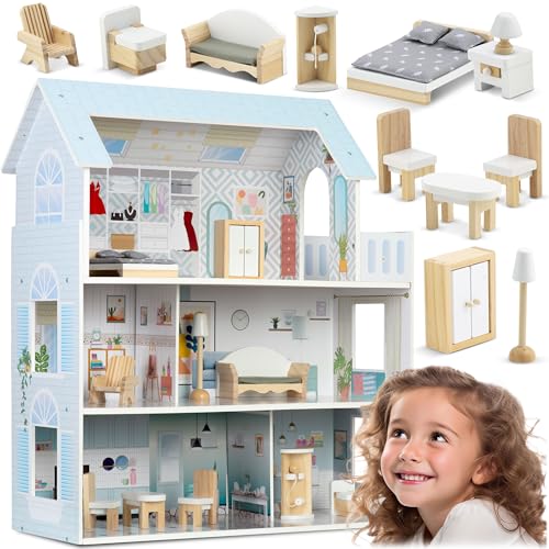 Ricokids Puppenhaus aus Holz - 3 Etagen - mit Zubehör - 11 Möbel - Spielzeug - Blau 70 x 60 x 24 cm