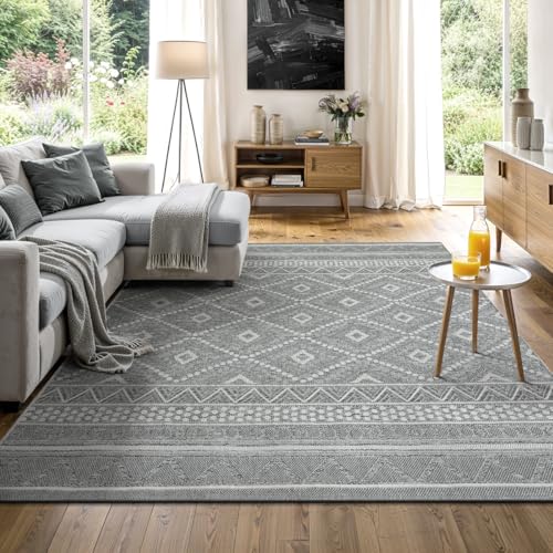 the carpet Calgary - moderner Teppich für Wohnzimmer & Esszimmer, Robustes, pflegeleichtes Flachgewebe im Vintage-Boho-Stil, ideal für Küche, Flur & Schlafzimmer, Grau-Raute, 140 x 200 cm