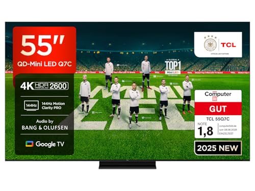 TCL 55Q7C QLED Mini LED Fernseher, 55 Zoll, 4K HDR Premium, Dolby Vision IQ & Atmos, Smart TV mit Google TV, 6.2.2 Sound, 144Hz VRR, AMD FreeSync Premium Pro, HDMI 2.1, AirPlay 2, Alexa