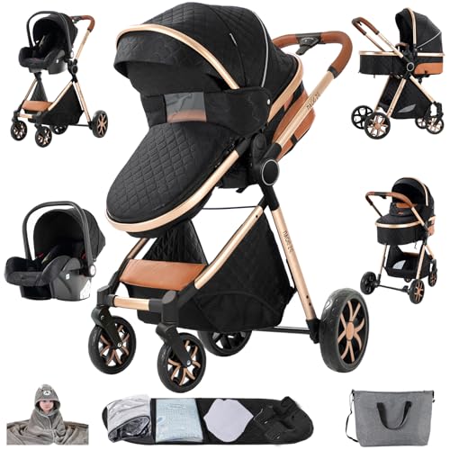 Sianldcone Kinderwagen 3 in 1, Hochwertige Stoffe Kinderwagen Set, Zwei-Wege-Schiebefunktion Reisesysteme, Offene Sicht Kombikinderwagen 3 in 1 Komplettset (V9 Black)
