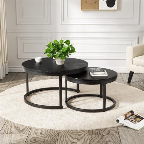 Hawthyhome 2 Stücke Beistelltisch Set rund, Couchtisch aus Holz mit Metallrahmen,Moderne Kaffeetische Satztische für Wohnzimmer Schlafzimmer Schwarz