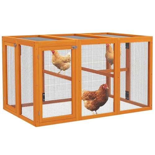PawHut Hühnerstall Freilaufgehege Holz für Hühner 140 x 84,5 x 80,5 cm mit Doppeltür, Sitzstange, Hasenstall Kaninchenstall Orange