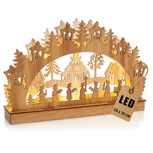 com-four® LED Schwibbogen aus Holz - 29 x 19 cm - dekorativer Lichterbogen mit Winterdorf-Motiv - Weihnachtsdeko für Fensterbank & Tisch (1 Stück - Dorf)