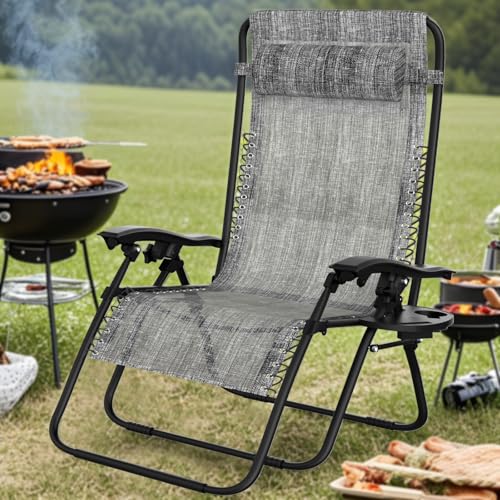 Soontrans Sonnenliege Klappbar, Gartenliege Wetterfest, Liegestuhl Garten mit Nackenkissen Getränkehalter Seitentasche, Strandliege Verstellbare Rückenlehne, aus Stahl & Textilenebezug (Schwarz)