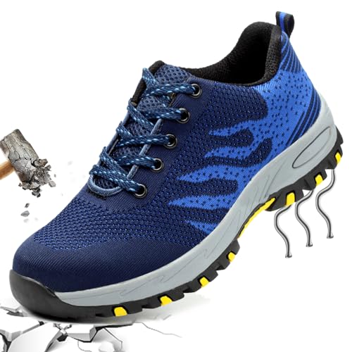 PHMNZIP Arbeitsschuhe Herren Leicht 45 Sicherheitsschuhe mit Stahlkappe Arbeit Schuhe Männer Sicherheit Sneaker Turnschuhe Sportlich Schutzschuhe für Kinder Jungen Blau