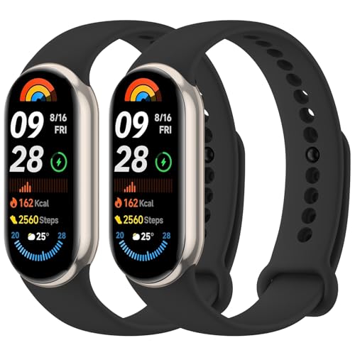 Mugust 2 Stück Armband für Xiaomi Mi Band 8/Xiaomi Mi Band 9/Xiaomi Mi Band 10 Armband, Weiches Silikon Atmungsaktiv Ersatzarmband für Xiaomi Mi Band 9/Mi Band 8 Armband (Schwarz+Schwarz)