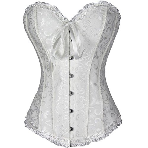 PhilaeEC Damen Schnürkorsett Top Übergröße Satin Floral Boned Overbust Bustier Lingerie(Weiß, L)