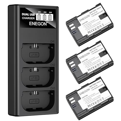 ENEGON LP-E6 Akkus (3×3000mAh) Inkl. 3-Slot Ladegerät mit LCD-Anzeige, Kompatibel mit Canon EOS 5D, EOS 5D Mark II,EOS 6D, 7D, 60D, 70D, 80D, 90D, XC10, XC15 Kamera
