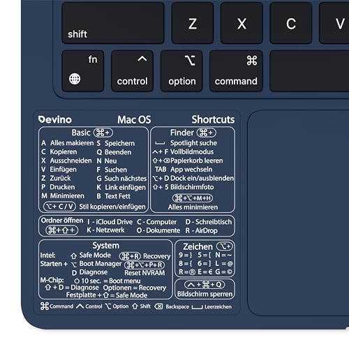 Devino® Shortcuts Aufkleber Mac OS für 13“-16“ MacBook Pro Air M1 M2 / Intel Transparent (Ventura/Monterey/Big Sur/Catalina/Mojave) Sticker Deutsch (1, Transparent Weiß)