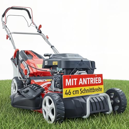 HECHT 5IN1 Rasenmäher Benzin – Bequemer Selbstantrieb - Für Flächen bis 1000 m² - Starker 4 Takt Motor mit 46 cm Schnittbreite – Radantrieb – Mulchfunktion – Seitenauswurf - Rasenmäher Benzin