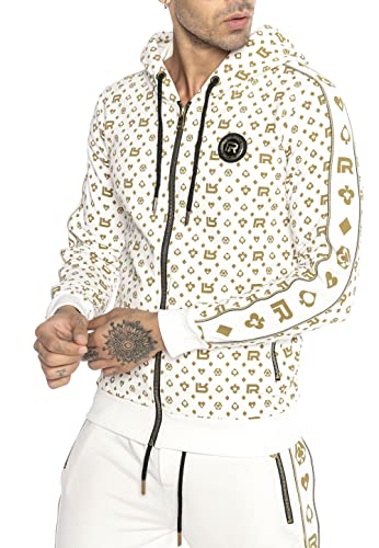Redbridge Designer Hoodie – Bedruckter Zip-Hoodie mit Kapuze und Allover-Muster – Streetwear Sweatjacke mit Reißverschluss im Luxus-Stil Weiß M